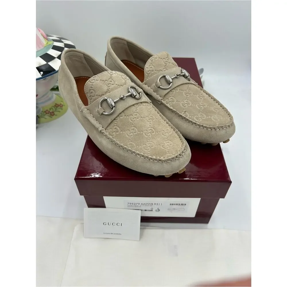 Men's Gucci suede oatmeal horse bit driver loafers size 9 fits 9.5US
